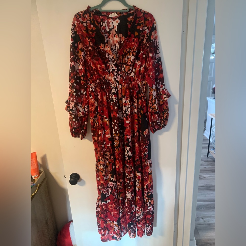 Melloday mixed reds boho dress- long-sleeve size L